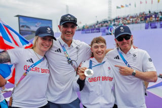 Jamie Bestwick celebrates with Charlotte Worthington, Greg Illingworth and Kieran Reilly at the Paris 2024 Olympic Games