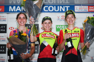 British Cycling Podium image, HSBC UK National Women's Circuit Series, Womenâ€™s Ilkley Grand Prix Ilkley, Yorkshire, England, Megan Barker of CAMS-Basso (1st), Beth Morrow of Storey Racing (2nd), Illi Gardner of CAMS-Basso (3rd)