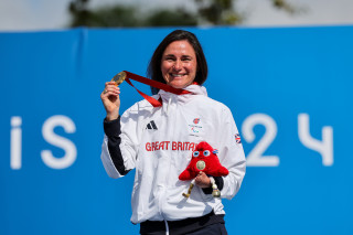 Dame Sarah Storey on the women's C5 time-trial podium 