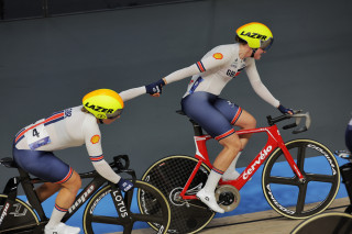 Neah Evans and Maddie Leech in the women's Madison at the 2025 UEC Track Elite European Championships