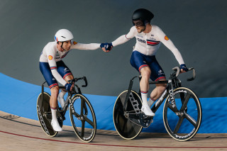 Will Perrett and Matt Walls in the men's Madison at the 2025 UEC Track Elite European Championships